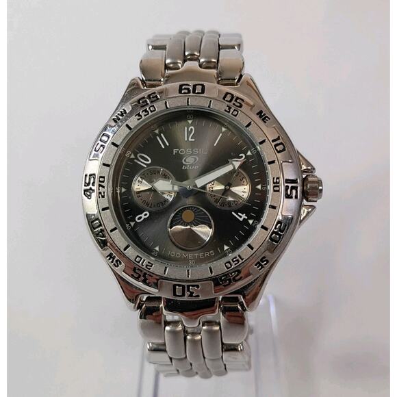 40mm Fossil BQ-8777 Blue Moonphase 1 Jewel Men's Quartz Wristwatch Japan Steel - Picture 1 of 16